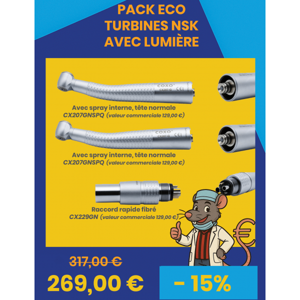 15% de réduction (48 € TTC) à valoir sur l'achat de 2 turbines Coxo + 1 raccord NSK 15% de réduction (48 € TTC) à valoir sur l'achat de 2 turbines Coxo + 1 raccord NSK