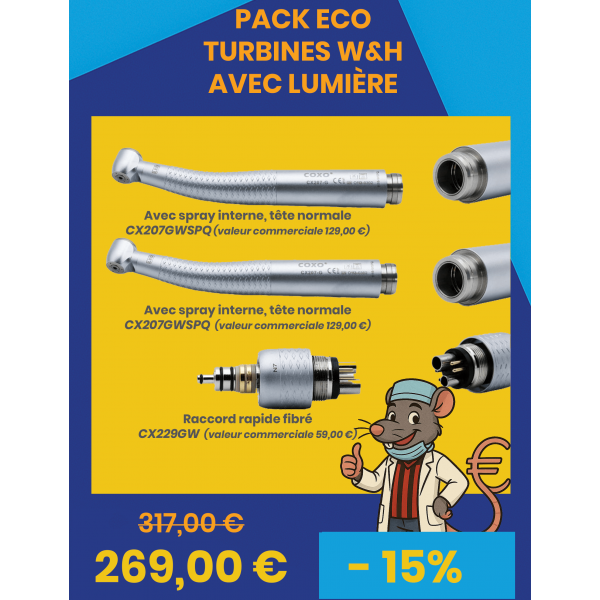 15% de réduction (48 € TTC) à valoir sur l'achat de 2 turbines Coxo + 1 raccord W&H 15% de réduction (48 € TTC) à valoir sur l'achat de 2 turbines Coxo + 1 raccord W&H